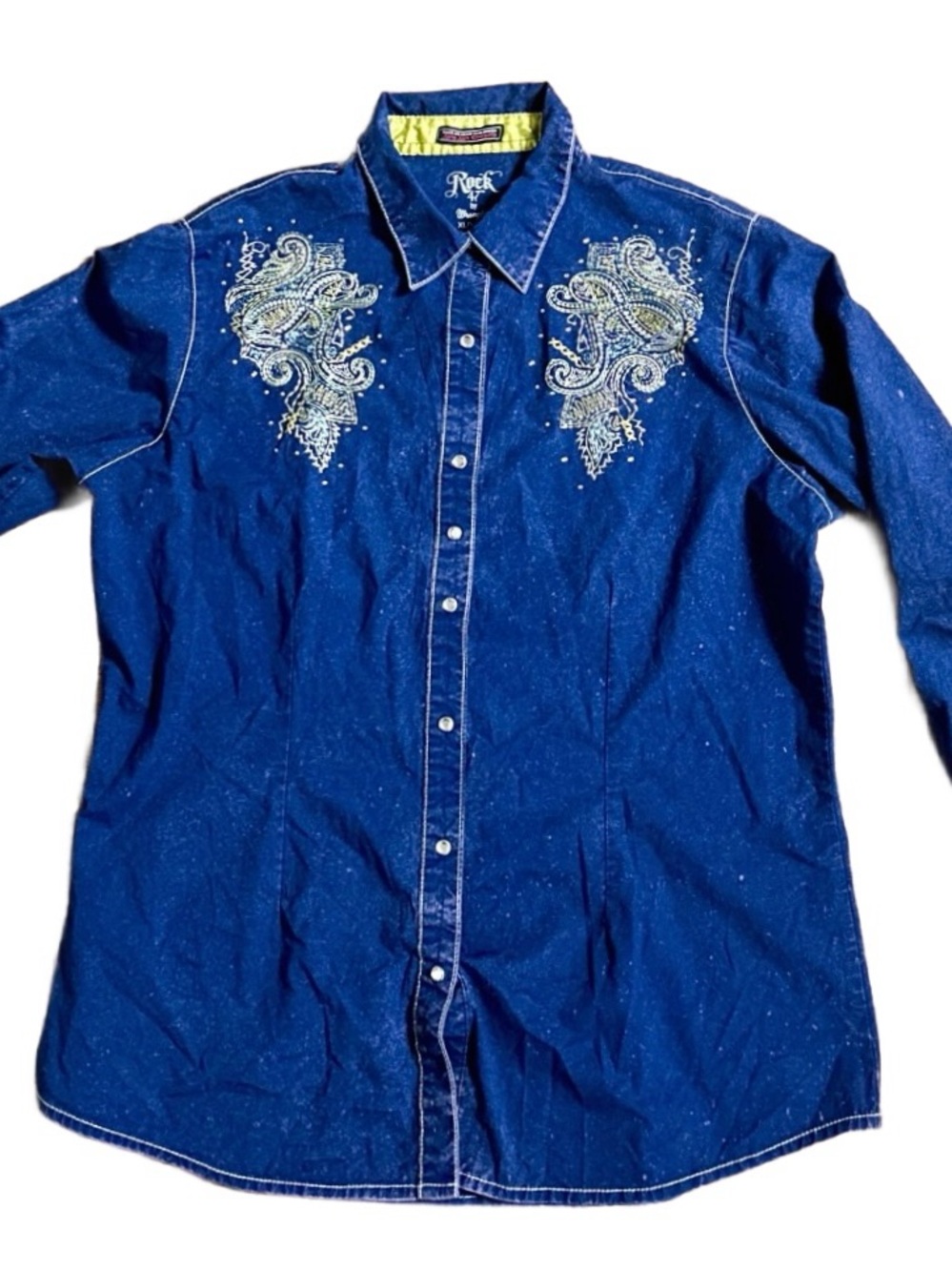 Rock 47 By Wrangler ~ Women's X-Large ~ Blue/ White ~ Studded Button Down Shirt